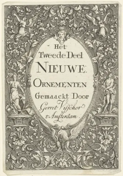 Minerva en Apollo flankeren een cartouche met titel