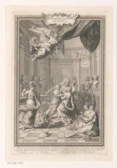 Minerva en de personificaties van de wetenschappen te midden van portretbustes van overleden leden van de Académie des Sciences