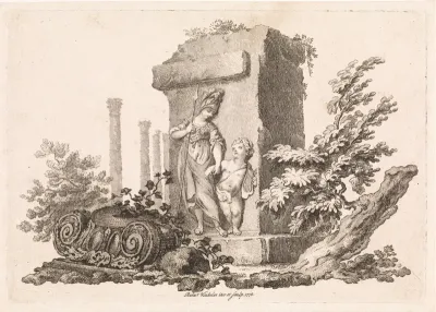 Minerva en een putto met een lier bij ruïnes