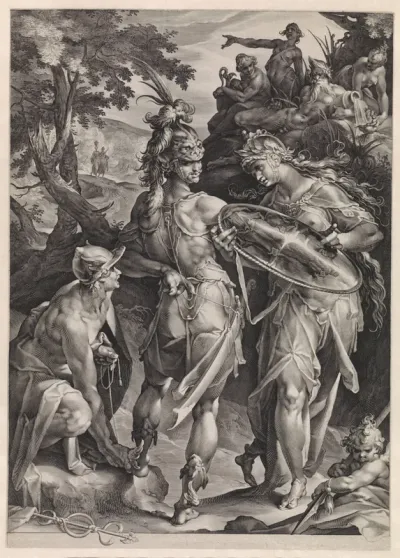 Minerva en Mercurius bewapenen Perseus