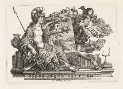 Minerva en Mercurius bij boeken en een schilderij, waarop een vogel in een landschap