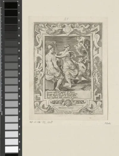 Minerva gezeten bij Juno die de pijlen van Amor afpakt