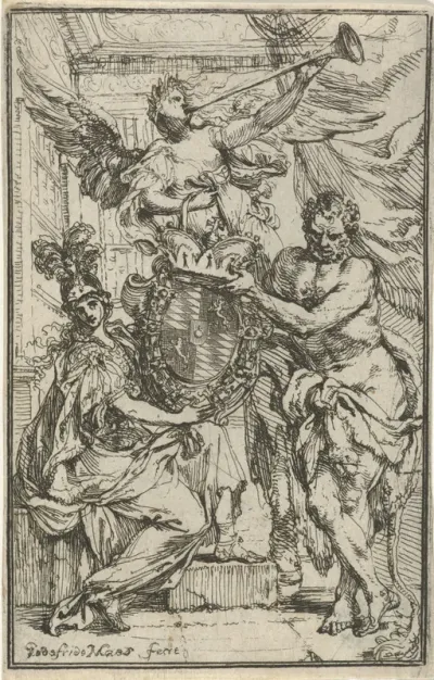 Minerva, Hercules en Faam met wapenschild