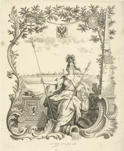 Minerva met pedelstaf voor universiteitsstad Harderwijk. Titelpagina van sedert 1756 in Harderwijk gepubliceerde proefschriften
