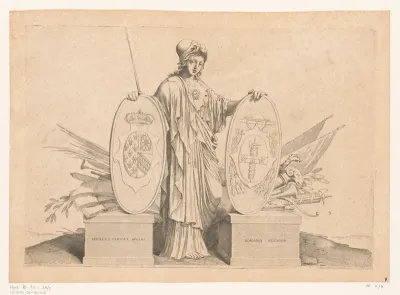 Minerva met twee wapenschilden