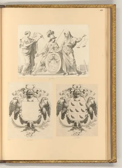 Minerva mit einem Schildwappen (de Mesme) und zwei allegorischen Figuren; Wappen