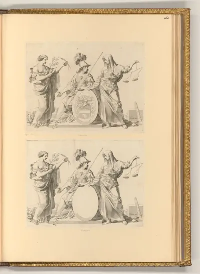 Minerva mit einem Schildwappen (de Mesme) und zwei allegorischen Figuren