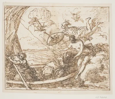 Minerva og Venus beskytter en mandlig helt (Æneas?) i en båd mod Amors pile