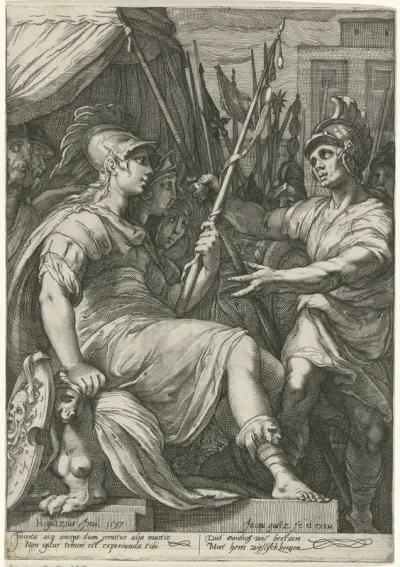 Minerva omgeven door krijgers