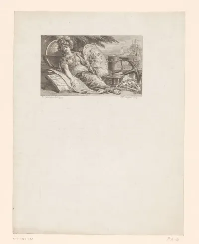 Minerva omringd met maritieme voorwerpen
