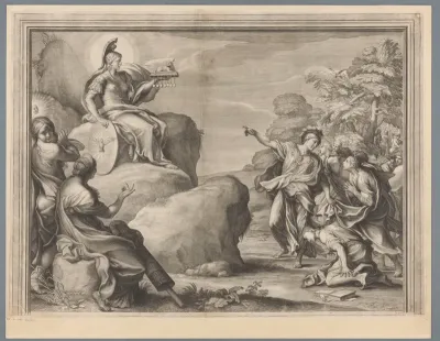 Minerva op een rots gezeten met schietdoel in haar hand, aan de voet van de rots wijzende en aandachtige vrouwen en mannen