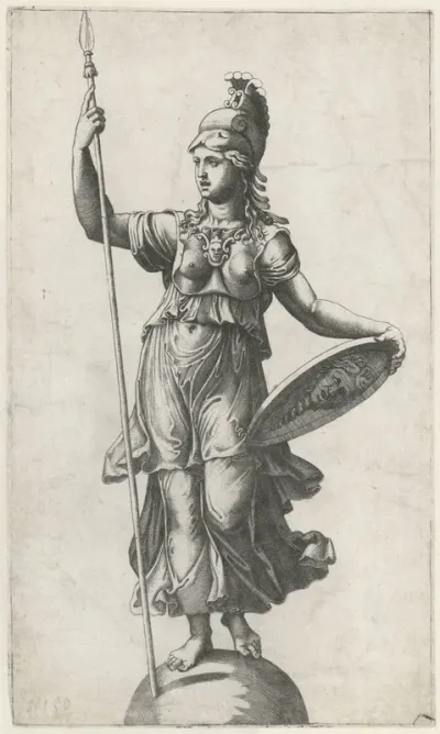 Minerva (Pallas Athena) in wapenrusting staand op globe