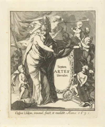 Minerva steunend op een piedestal