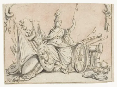 Minerva te midden van krijgsattributen