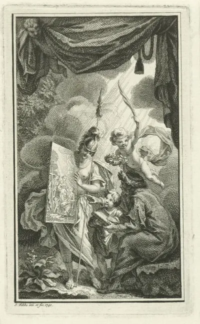 Minerva toont een schilderij van de Heilige Familie