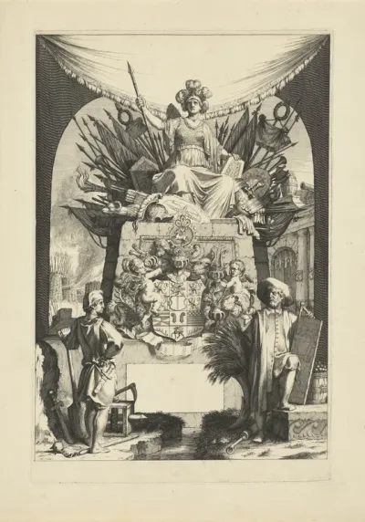 Minerva tronend boven een wapenschild