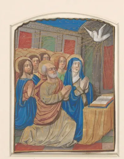 Miniatuur uit een getijdenboek: Maria met kind, op troon