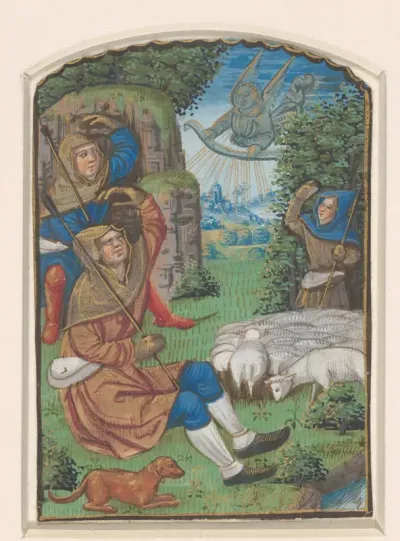 Miniatuur uit een getijdenboek: verkondiging aan de herders