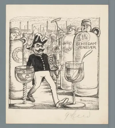Minister S. de Vries tussen flessen drank