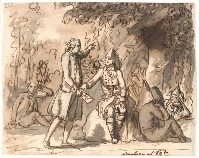 Mirabeau giver kong Frederik II, der sidder i en skov mellem bivouakerende soldater, et dokument med "menneskerettighederne"