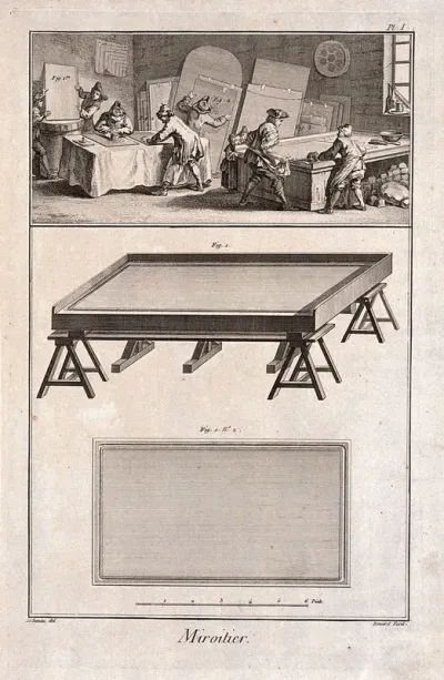 Mirrors: a mirror-factory (above), and a work table for silvering glass (below)