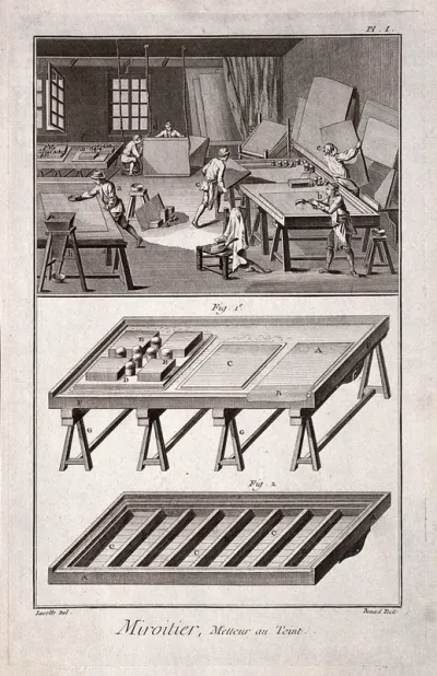 Mirrors: a tinted mirror-factory (above), and a work table for silvering glass (below)