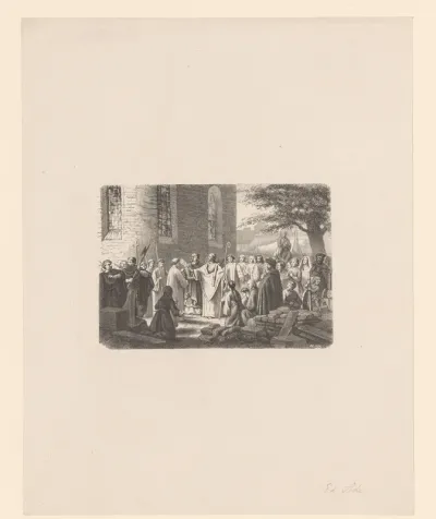 Mis in de open lucht naast een kerk