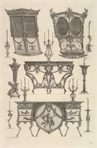 Miscellaneous furniture including two sedan chairs, a side table and a commode (Deux ch. à porteurs v. de côté, console, flambeau.), from Diverse Maniere d'adornare i cammini ed ogni altra parte degli edifizi...(Different Ways of ornamenting chimneyp
