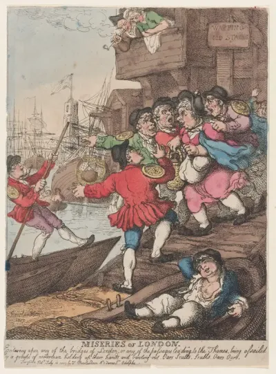 Miseries of London: Entering upon any of the bridges of London or any of the passages leading to the Thames being assailed by a groupe [sic] of watermen holding up their hands and bawling out. Oars Sculls. Sculls. Oars. Oars.