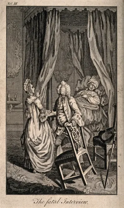 Miss Melcombe visits Mr Huntley, while on his deathbed in the attendance of his physician