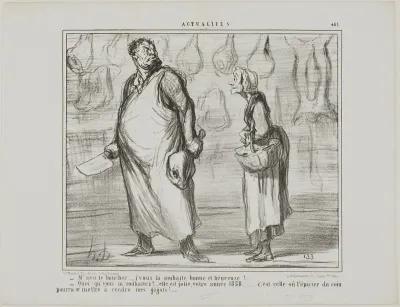 “- Mister butcher, I wish you a happy and healthy New Year… - What? This is going to be a nice one, this 1858… every grocer around the corner will be able to sell my mutton!…,” plate 481 from Actualités