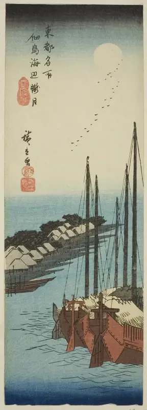Misty Moonlight on the Shore at Tsukuda Island (Tsukudajima kaihen oborozuki), from the series "Famous Places in the Eastern Capital (Toto meisho)"