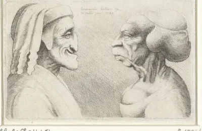 Misvormde karikatuurkoppen van een man met muts(Dante?) en vrouw