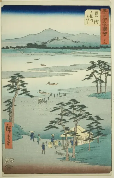 Mitsuke: Ferry on the Tenryu River (Mitsuke, Tenryugawa funewatashi), no. 29 from the series "Famous Sights of the Fifty-three Stations (Gojusan tsugi meisho zue)," also known as the Vertical Tokaido