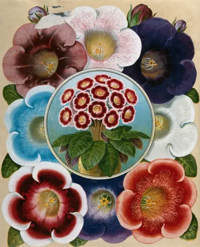 Mixed flowers, all cultivars of the florist's gloxinia (Sinningia speciosa)
