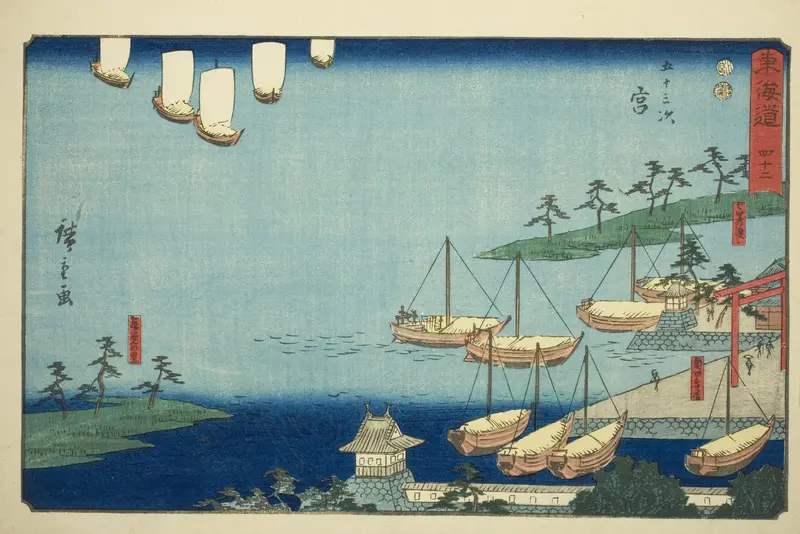 Miya: Shichiri Ferry Crossing, Gate to the Atsuta Shrine, and Nezame Village (Miya, Shichiri no watashi, Atsuta no torii, Nezame no sato)—No. 42, from the series "Fifty-three Stations of the Tokaido (Tokaido gojusan tsugi)," also known as the Reisho Tokaido