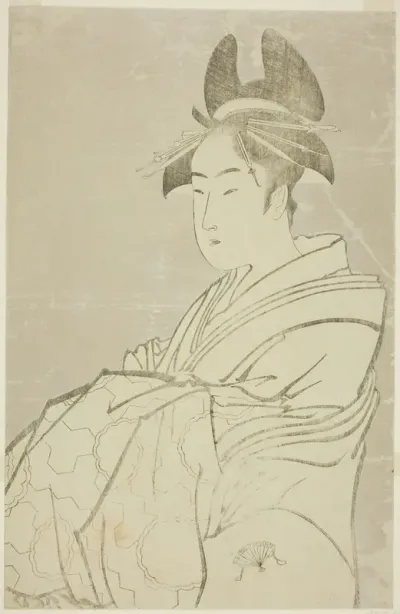 Miyahito of the Ogiya, Whose Assistants Are Tsubaki and Shirabe (Ogiya uchi Miyahito, Tsubaki, Shirabe)