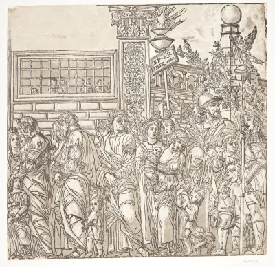Mænd, kvinder og børn i procession