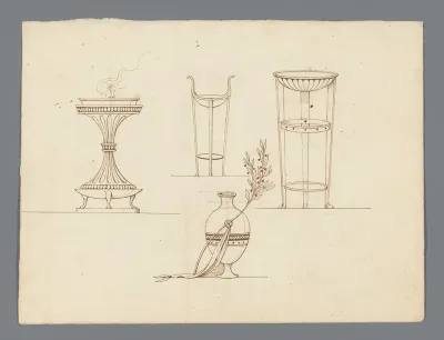 Modeltekeningen van klassieke lamp, vaas en driepoot