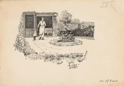 Moeder en dochter zoeken een pop in een tuin