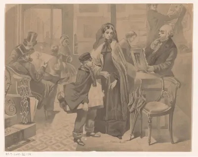 Moeder en zoon bij een kunsthandelaar
