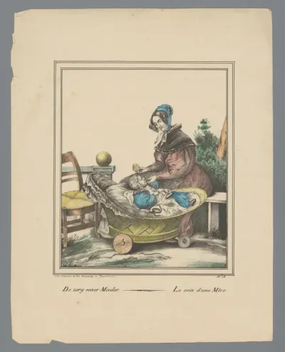 Moeder geeft kind in kinderwagen te eten