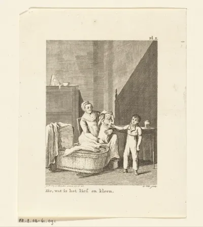 Moeder met baby en zoon bij een wieg