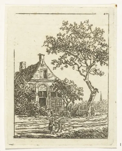 Moeder met kind wandelend voorbij een huis