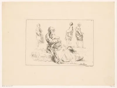 Moeder met kind, zittend in een landschap met drie figuren