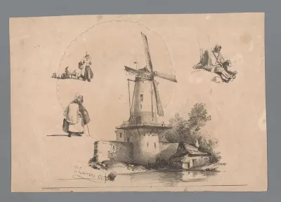 Molen aan het water met rondom drie figuurstudies