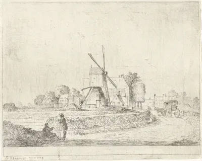 Molen en huizen langs een landweg