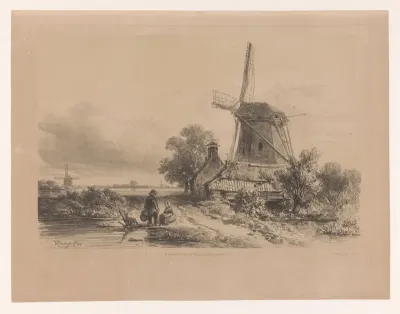 Molen in een landschap met twee figuren