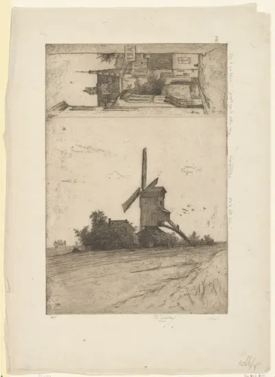 Molen in weidelandschap en gezicht in de Ravensteinstraat te Brussel