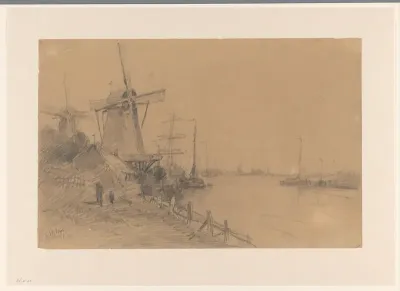 Molens bij Dordrecht langs de rivier met schepen